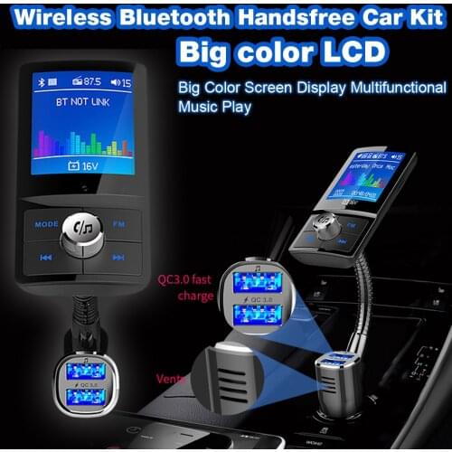 Wireless Bluetooth Handsfree Car Kit Color Screen FM Transmitter Car MP3 Audio AUX Modulator with QC3.0 Dual USB Car Charger