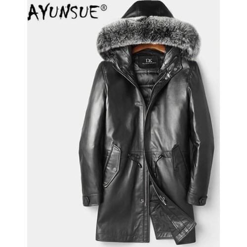 AYUNSUE Mens Sheepskin Coat Genuine Leather Winter Duck Down Jacket Men Fox Fur Collar Hooded Long Coat 81Z1801 YY278