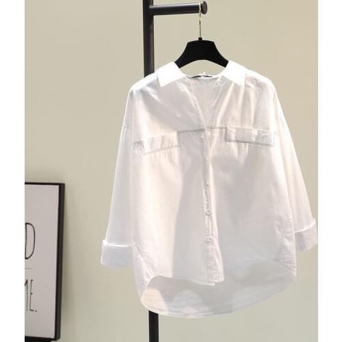 Cotton 100% Women White Shirts Summer New 2021 O-Neck Long-Sleeved Casual All Match Office Lady Elegant Outwear Coats tops