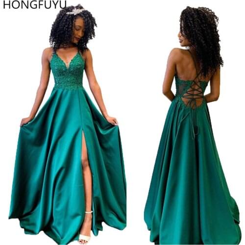 HONGFUYU Princess Sleeveless Satin Prom Formal Dresses A-line Satin Slit Evening Dress Appliques Beading Gowns Party Illusion