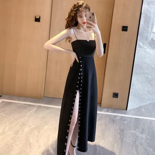Summer Black Sleeveless Spaghetti Strap Dress Women Slash Neck A-Line Midi Dress Split Sexy High Waist Woman Dress Tide
