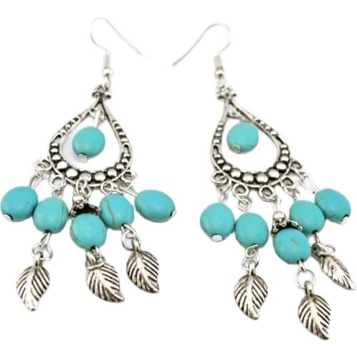 Fashion Bohemian Retro Style Beads Hollow Drop Leaves Tassel Dangle Earrings For Women