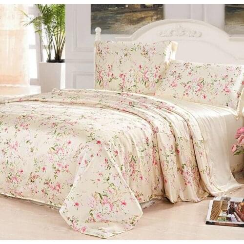 100% Mulberry silk 19 mm King Queen size Printed Seam with Solid Seamless Color AB Flat Sheet Duvet Cover 4 pieces set Customize