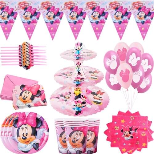 Minnie Mouse Theme Baby Shower Disposable Tableware Set Kids Girls Favorite Minnie Happy Birthday Party Decorations Supplies