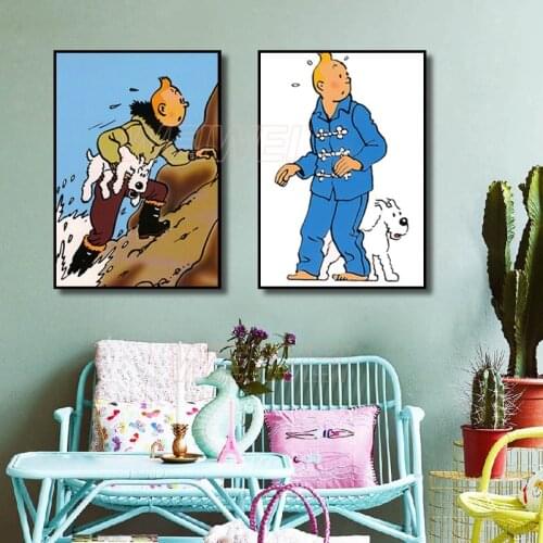 Anime Poster Boy In Blue Clothes and White Dog Canvas Painting Home Decoration for Living Room and Bedroom