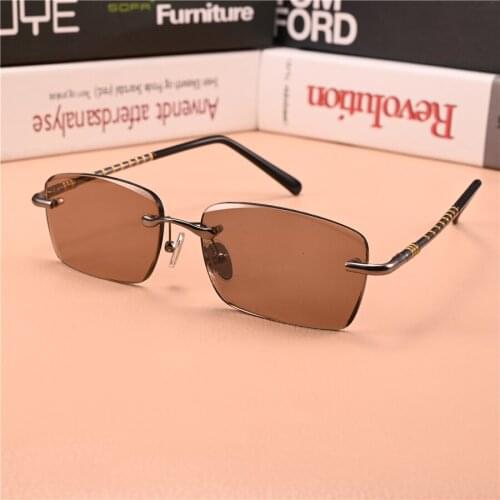 Vazrobe Rimless Sunglasses Male Women Stone Sun Glasses for Men Brown Glass Lens Heavy Anti Eye Dry Vintage Shades