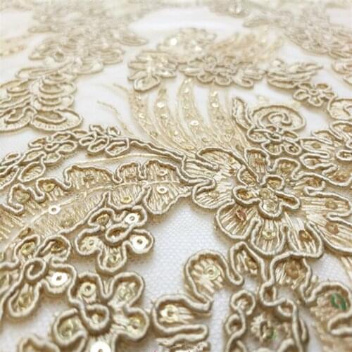 Light blue gauze embroidered train bone thread flower sequins lace embroidery dress evening fabric