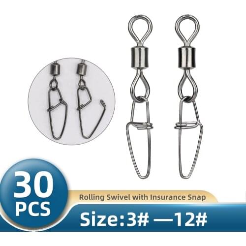 TIANNSII 30pcs Stainless Steel Fishing Connector Pin Bearing Rolling Swivel Ring 3#-12# Lure Tackle Fishing Hook Accessorries