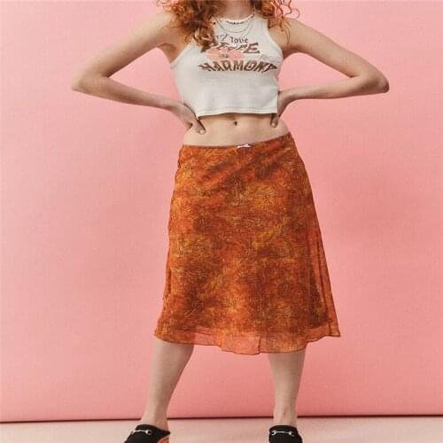 Y2K Vintage Female Midi Skirt Womens Summer Fashion Floral Print Bowknot High Elastic Waist Dress for Beach Daily Wear