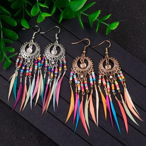 2019 Tassel Dangle Long Feather Earrings For Women Colorful Beads Female Silver Color Earrings Brincos Bijoux Jewelry