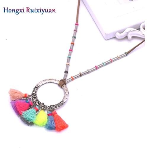 Womens Statement Necklace Bohemia, Alloy Feather Accessories, Round Pendants and Colorful Tassel Jewelry