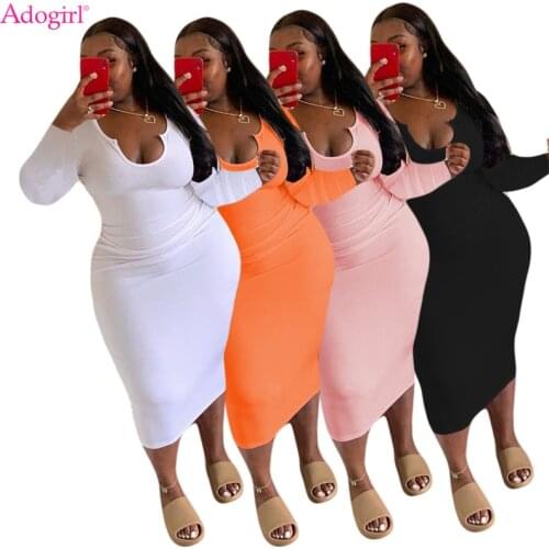 Adogirl Plus Size S-4XL Women Solid Autumn Midi Dress Fashion Sexy U Neck Long Sleeve Bodycon Casual Vestidos Female Outfits