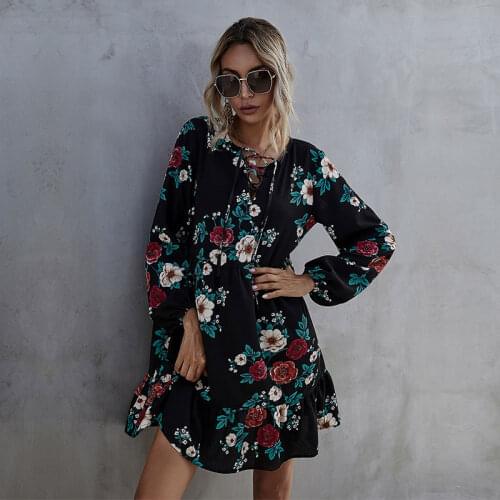 2021 New Spring Womens Ruffles Floral Print Dress Elegant Ladies O-neck Full Sleeve High Waist Oversize Chic Dress