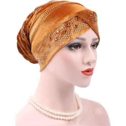 Gold Velvet Hat Women Rhinestones Cancer Chemo Beanie India Hat Muslim Hats Lady Turban Diamond Rasta Cap European Hot Sale