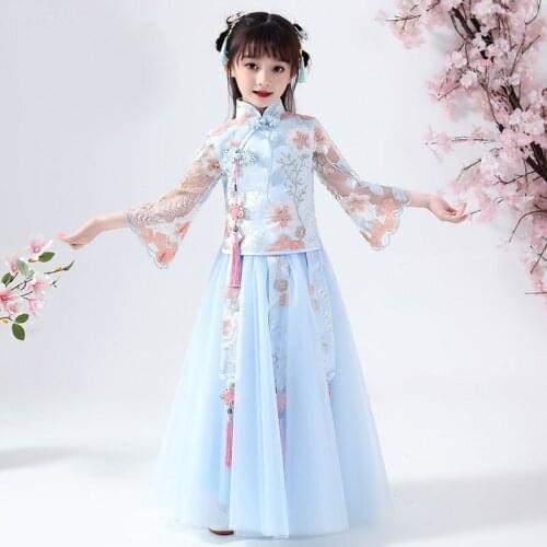 Girls Han Fu 2PCS Embroidered Lace flower girl dresses Chinese cheongsam Baby elegant Traditional Chinese garments for Kids