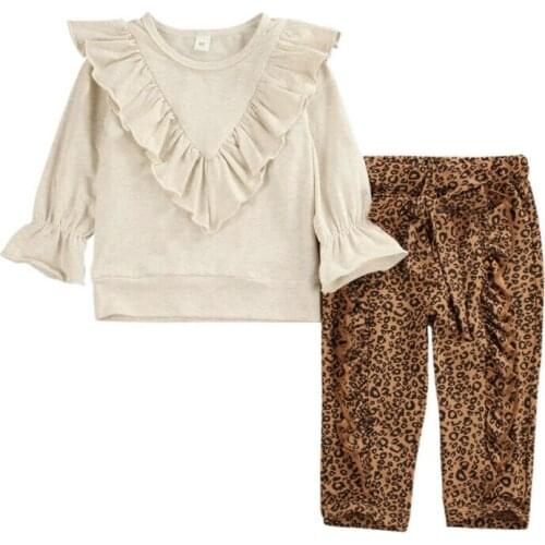 2020 Kid Baby Girl Clothes Sets Autumn Solid Long Sleeve Ruffle Tops Sweatshirt+Leopard Print Pants Headband 3pcs Outfit 6M-5T