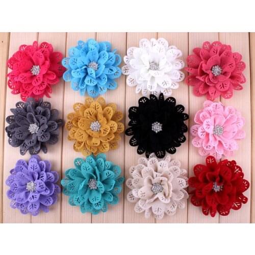 50pcs/lot)3.8" 12 Colors Hollow Out Leaf Rhinestone Button Flowers For Headband Classic Fabric Flowers For Cute Kids