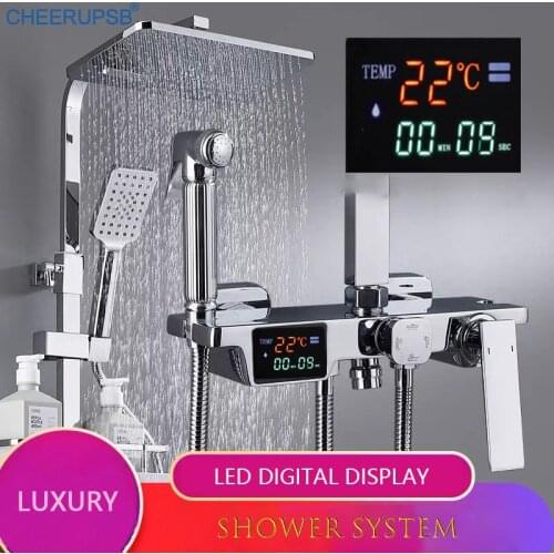 LED Digital Display Shower System Bathroom Wall Mount Thermostatic Shower Set Hot and Cold Mixer Bath Faucet Luxury Brass Taps