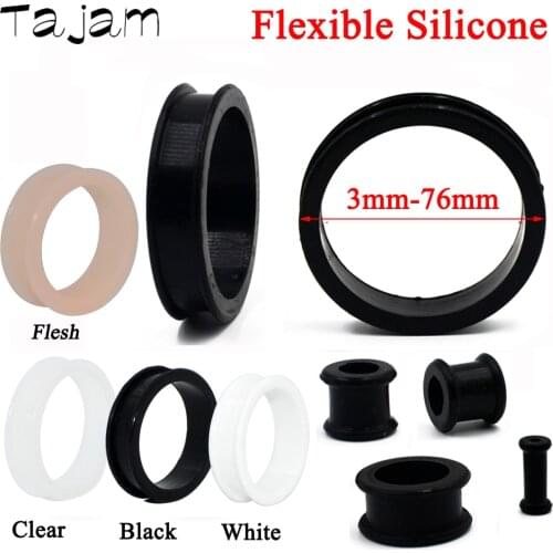 1Pair 3mm-76mm Big Size Hollow Black Silicone Flexible Double Flared Flesh Ear Tunnel Plugs Gauge Expander Stretchers Jewelry