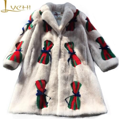 LVCHI Winter 2019 Import Real Mink Fur Coats Natural Print Butterfly powder Mink Fur Coat Womens Medium Loss Causal Fur Coats