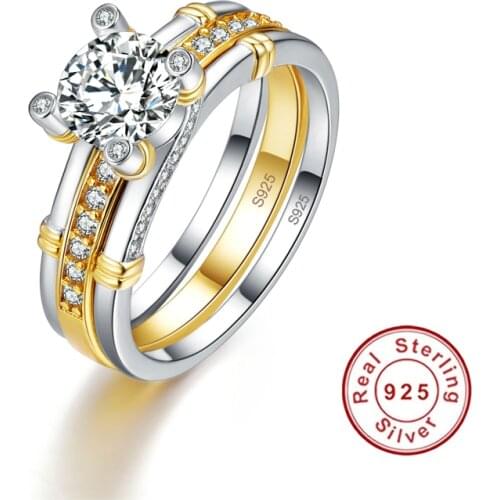 JQUEEN 2pcs/lots 925 Sterling Silver Ring 18k Gold Plated Tail Ring 2.6ct Topaz Real Silver Couple Wedding Rings For Women