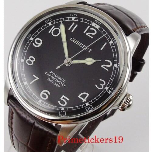 New corgeut 41mm black dial automatic men wristwatch miyota seagull movement polished case brown leather strap
