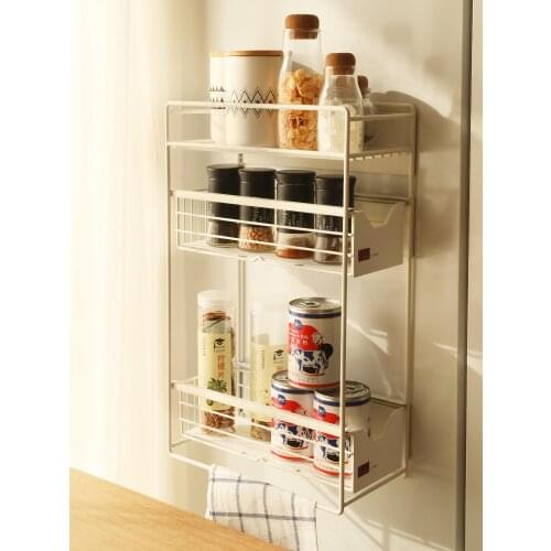 Magnetic Fridge Spice Rack Refrigerator Organizer Rack 3 Tier Kitchen Magnetic Side Storage Shelf with Sliding Storage Drawer