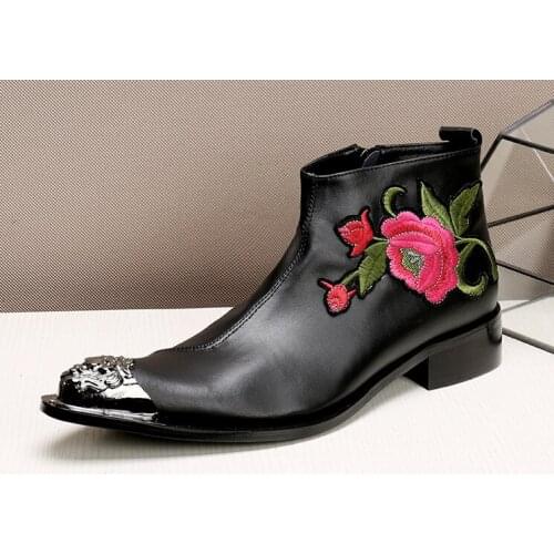 Embroidery leather iron head mens boots Youth Trend Genuine Leather Winter Side Zipper Iron Toes Martin Boots Free Shipping