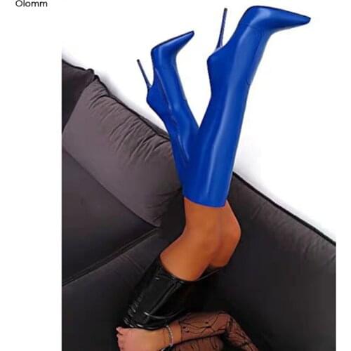 Olomm New Women Knee High Boots Sexy Stiletto High Heels Boots Pointed Toe Gorgeous 5 Colors Party Shoes Women Plus US Size 5-15