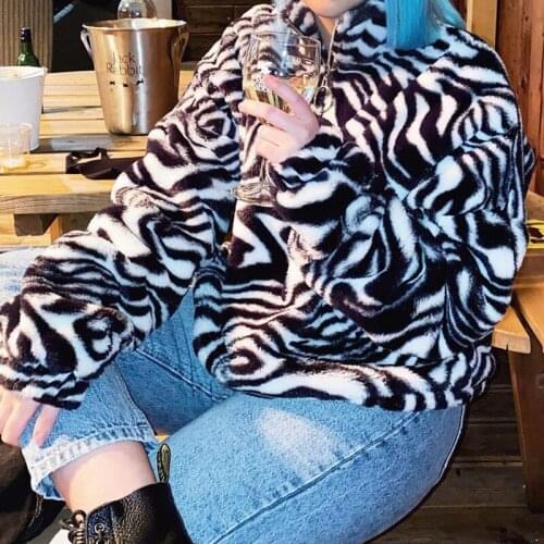 SEASONS Animal Zebra Print Furry Sweatshirt Women Autumn Winter Warm Casual Pullover Sweat Shirt Fashion Black Hoodies ASHO82033
