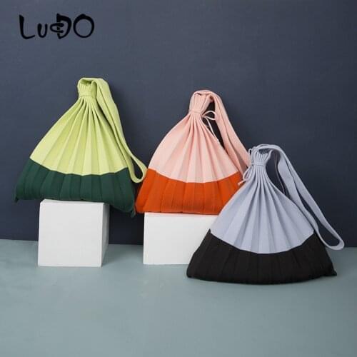 Wool knitting Pleated Bags Girls Causal Large Shoulder Bag Korean Japanese Chic Small Handbag Patchwork Drawstring Shopping Bags