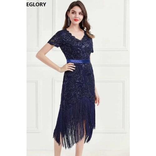 Tassel Party Sexy Dresses 2020 Summer Women V-Neck Sequined Embroidery Short Sleeve Midi Bodycon Dress Dark Blue Wine Red Pink