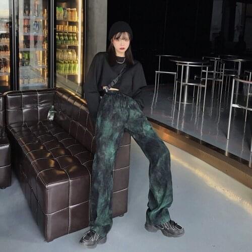 Women Fashion Harajuku Retro Tie Dye Wide-leg Pant for Men and Women Korean Elastic Loose High Waist Casual Full Length Trousers