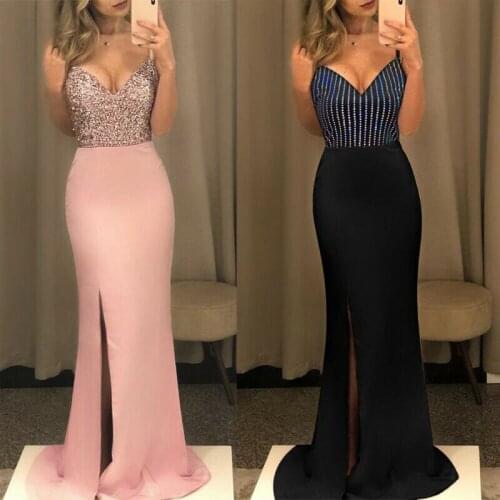 Women Sequins V Neck Dresses Bodycon Party Formal Dress Sexy Sling Sequined Halter Dress Long Dresses