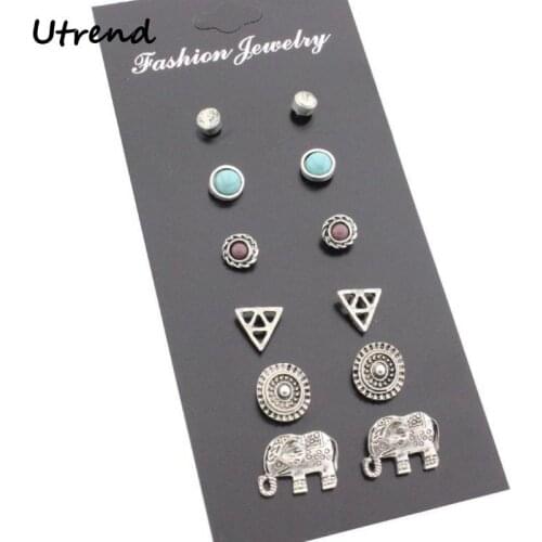 Utrend Retro Stud Earring 6 Pair/set Round Triangle Crystal Elephant Alloy Vintage Jewelry Earrings For Women Oorbellen Gifts