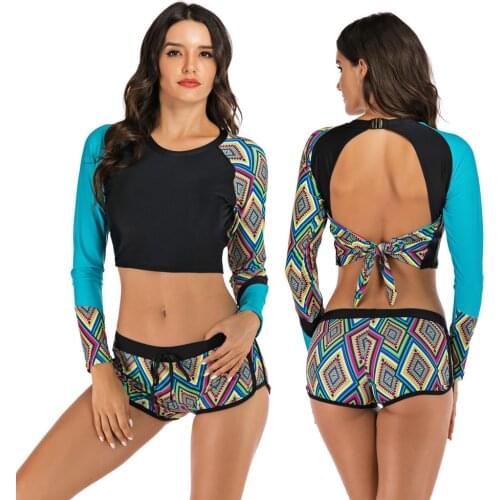 Womens Two Piece Long Sleeve Swim Shirt Rash Guard Top & Boyshorts Backless Tankinis Set High Waist Bathing Swimsuit Swimwear