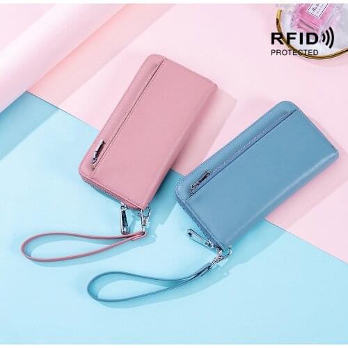 Female Card Holder Women Wallet RFID Protected Genuine Cow Leather Long Purse Solid Color Zipper Luxcury Clutch Top Quality