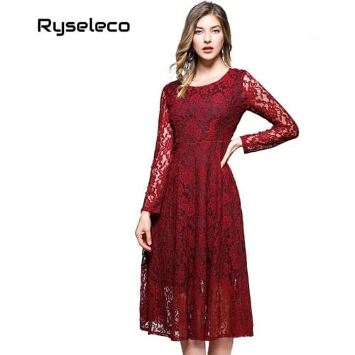 New Women Crochet Floral Full Lace Dresses Autumn Spring Vintage Cutout Long Sleeve O-neck Swing Casual Midi Plus size Vestidos
