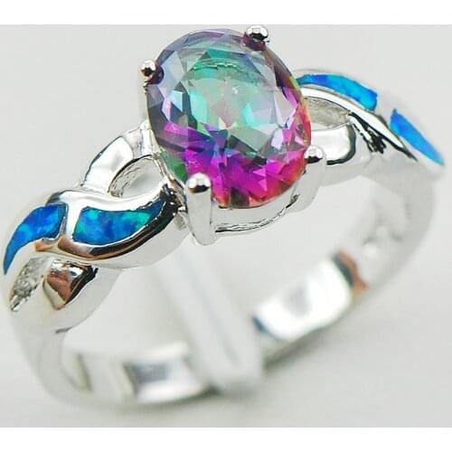 Rainbow Crystal Zircon Blue Fire Opal 925 Sterling Silver Woman Ring Size 6 7 8 9 10 R1179