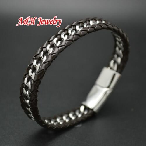 10pcs High Quality Brown Color Genuine Leather Handmade Chain Weaved Bracelets Fashion Men Stainless Steel Men Jewelry