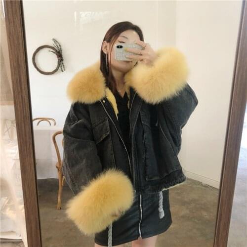 2020 new Fashion Denim Parkas Winter Coat Women Rex Rabbit Liner Real Fox Fur Collar Female Parka Jackets