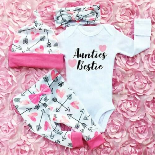 Cute Newborn Baby Girl Outfit Clothes 4Pcs Sets Baby Cotton Clothing Letter Bodysuit+Bow Pants+Hat+Headband Baby Girl Sets 0-24M