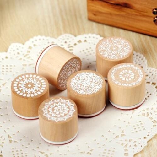 6pcs 6 Patterns Mix Round Lace Wooden Stamps Lovely Lace Doily Wood Rubber Stamps