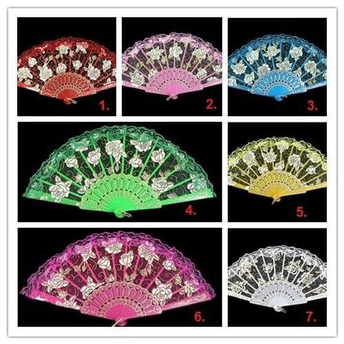 7 colors DHL 100pcs / lot Spanish-style rose flower design plastic frame silk lace hand fan, chinese crafts folding fan