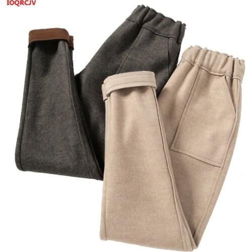 Winter Autumn Women Elastic Woolen Pant Female Casual Trousers Black/Gray Harem Pants Plus Velvet Wool Ankle-Length Pants W1794