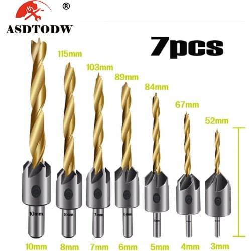 3-10mm Round Shank Titanium Coating HSS Countersink Drill Bit Carpentry Chamfer Boring Woodworking Tool With Hex L-wrench
