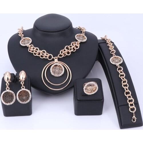 Retro Necklace Earrings Bracelet Ring Gold Color Jewelry Sets For Women Wedding Rhinestone Crystal Set Bridal Accessories