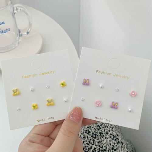 Fashion S925 Cute Rabbit Flower Earring Set Combination Girl Sweet Romantic Small Exquisite Earring Trend