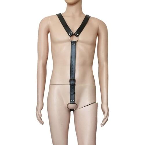 Male PU Leather Men Half Body Y Chest Harness Top Big Metal Penis Ring Macho Fetish Wear Night Club Costume