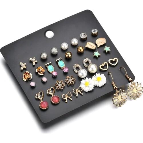 Trendy Resin Owl Pearl Stud Earrings Set Cute Fashion Hollow Flower Love Heart Exquisite Earrings for Women Ear Nail Jewelry